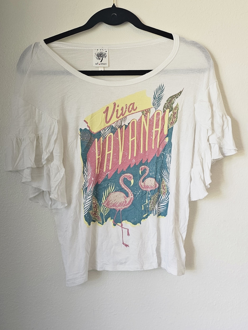 Viva Havana White Graphic Ruffle Sleeve Women's Top